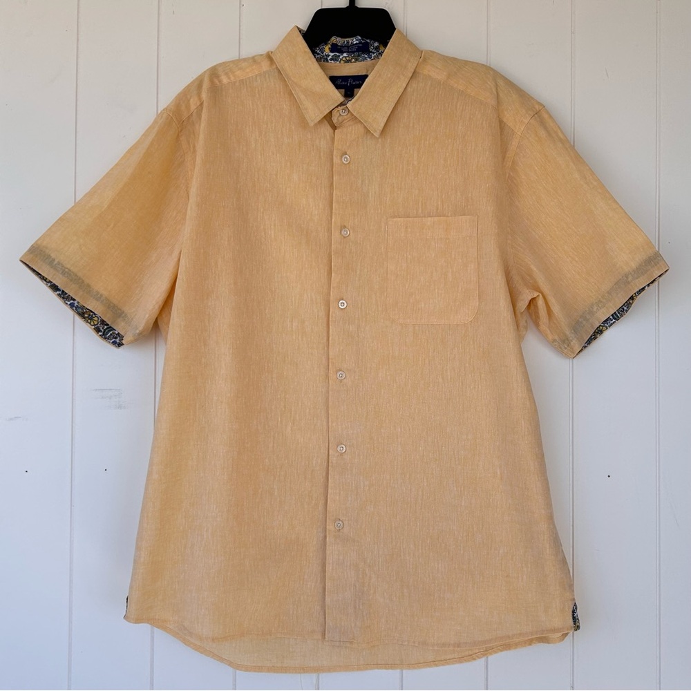 Alan Flusser Men’s Button Up Linen Shirt‎ Short Sleeves Contrasting Trim Size XL